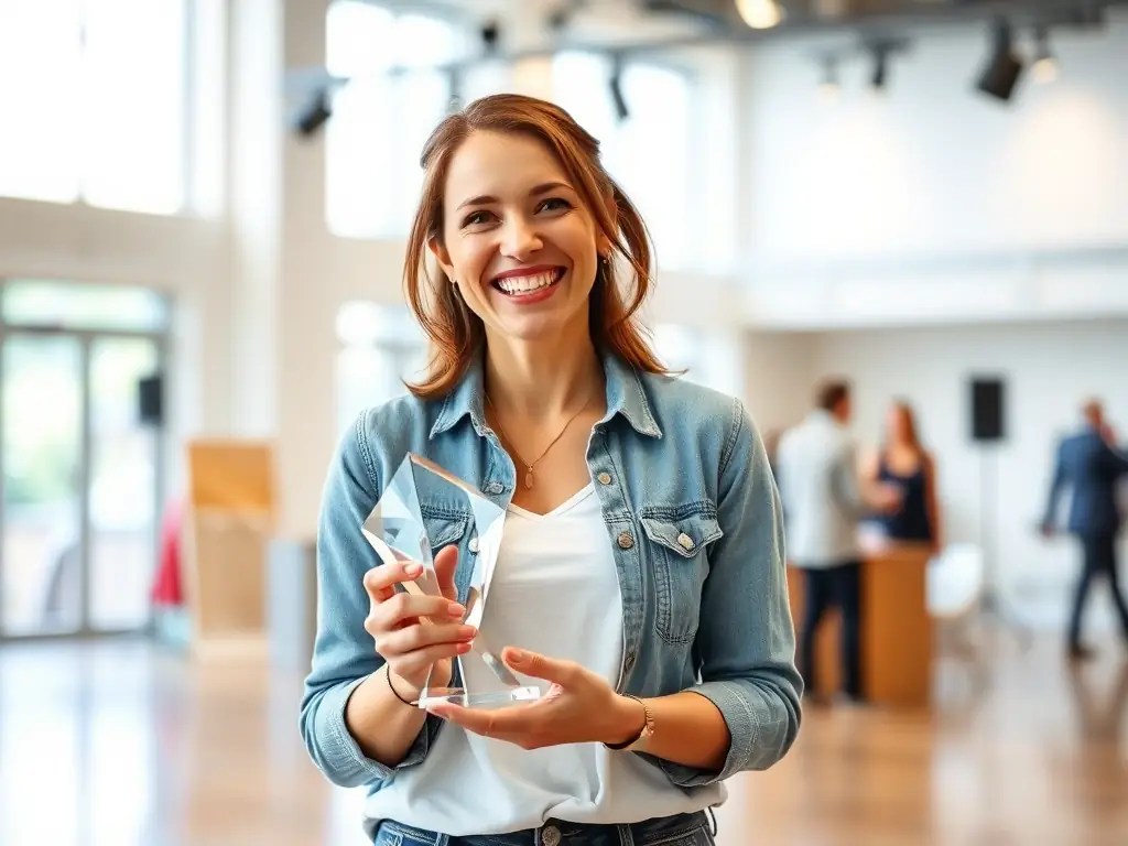 A photograph of a photographer receiving an award for winning a monthly photography challenge. The image should convey a sense of achievement and recognition.
