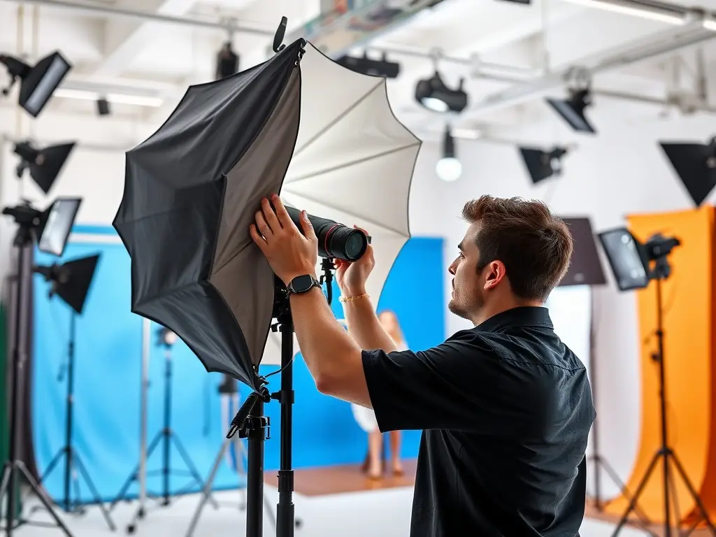 A photograph of a photographer in a studio setting, adjusting the lights and preparing for a portrait session. The image should convey professionalism and dedication to the craft.